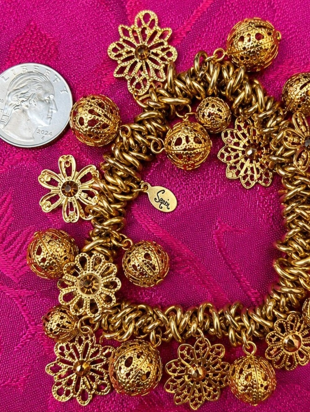 Sequin New York Y2K Gold Filigree Charm Bracelet Swarovski Crystal Daisy NWOT